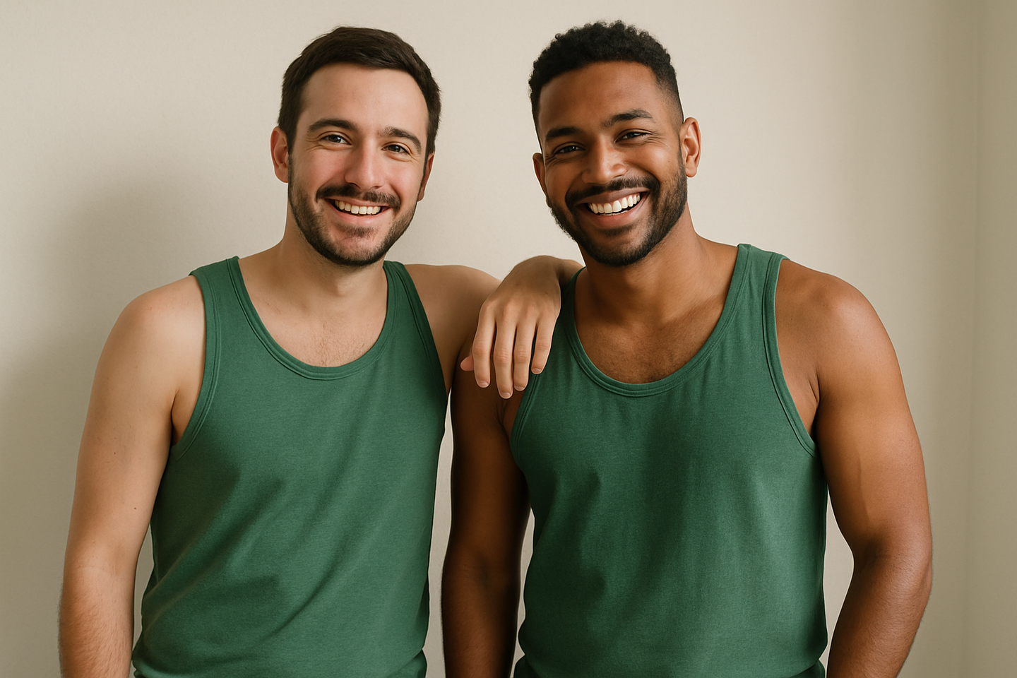 2 gay men in a green singlet 