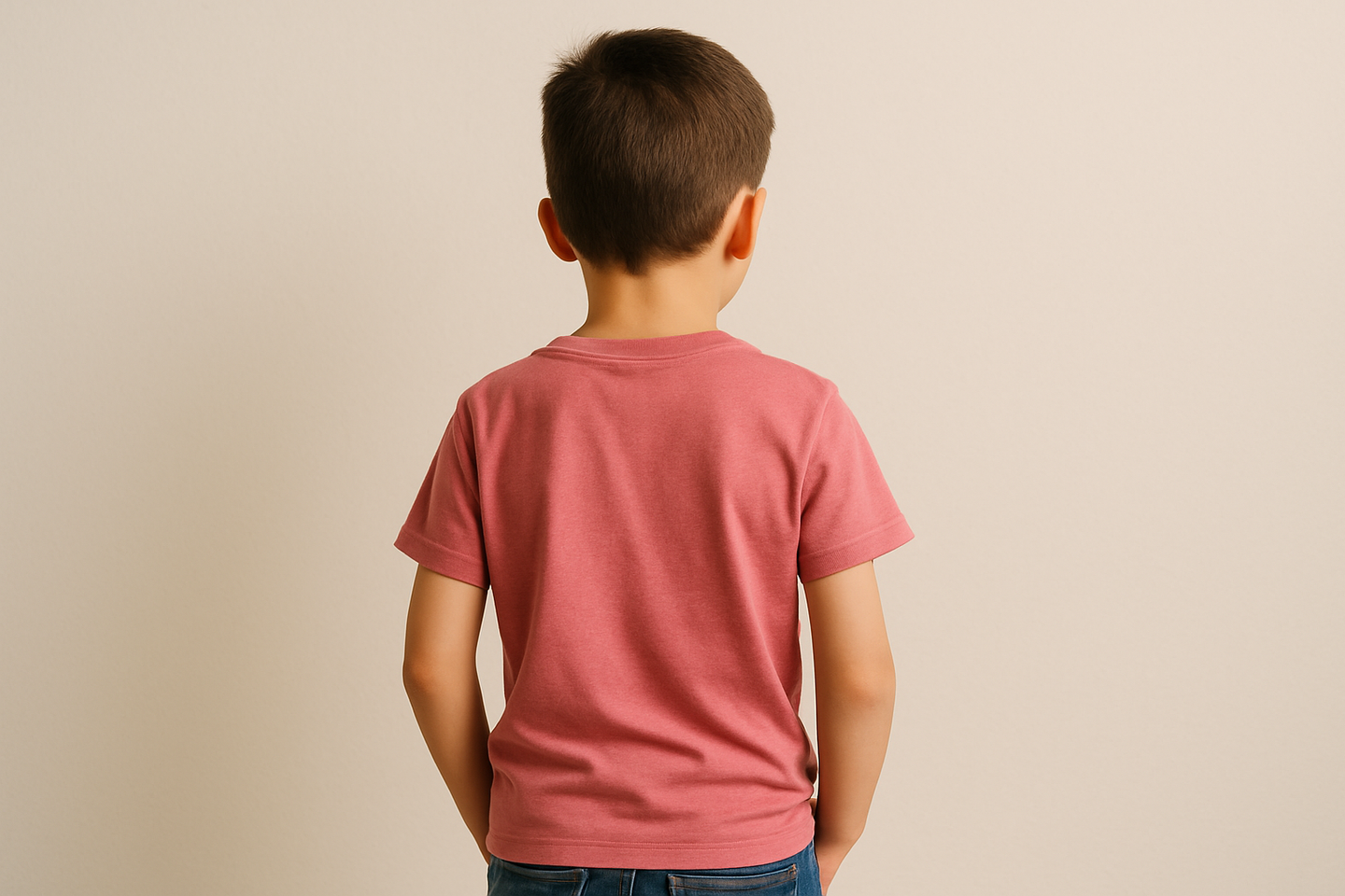 boy wearing pink shirt back view 