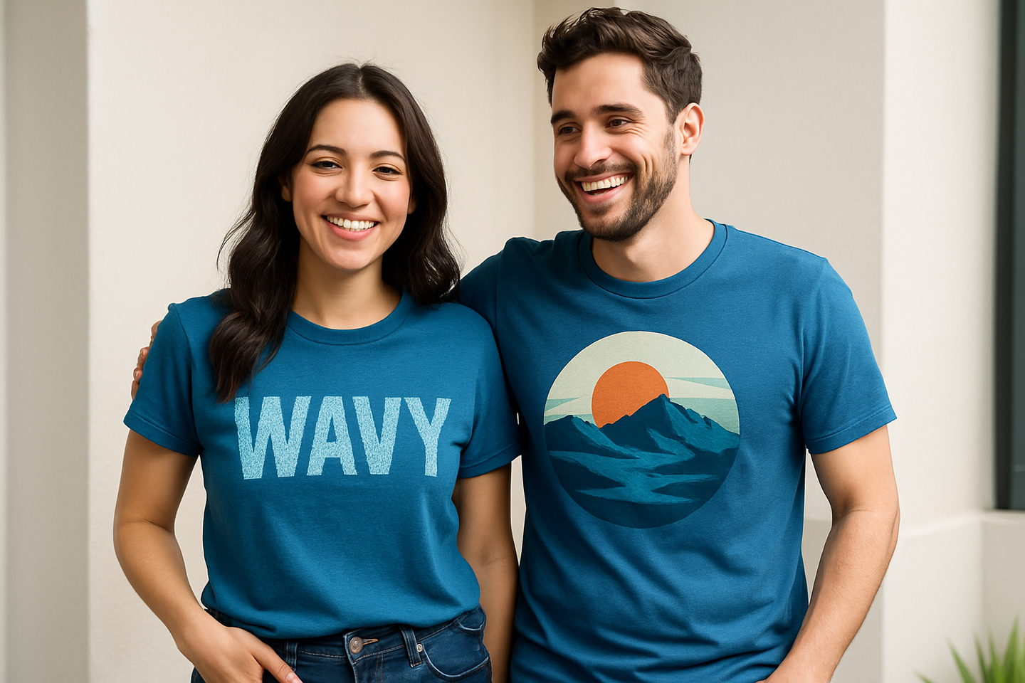 couple wearing blue graphic tee