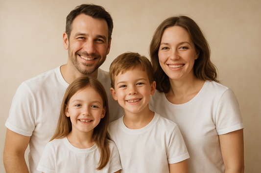 family wearing white t-shirt