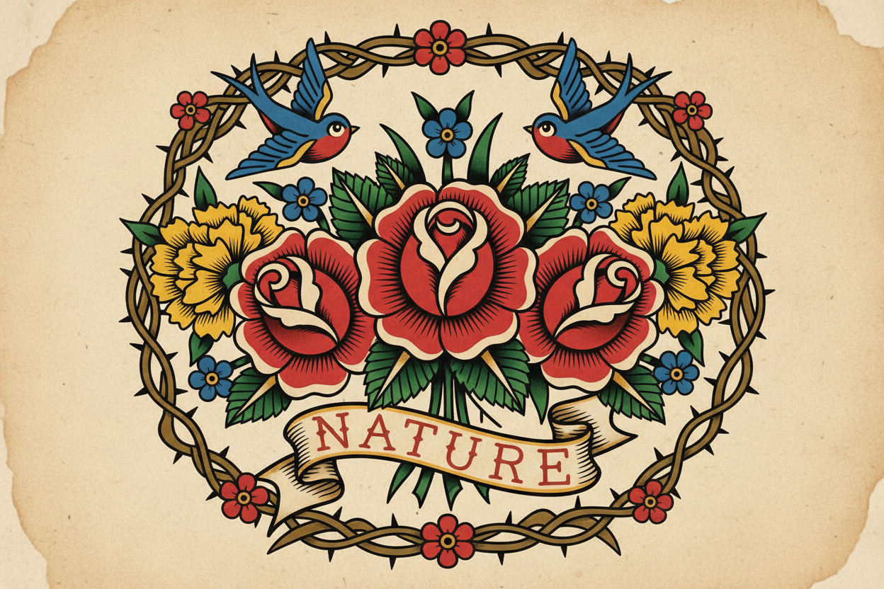 floral old school color temporary tattoo