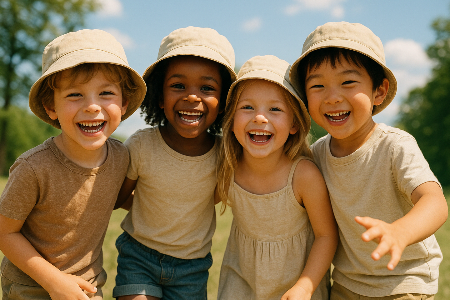 kids happy wearing nude bucket hat