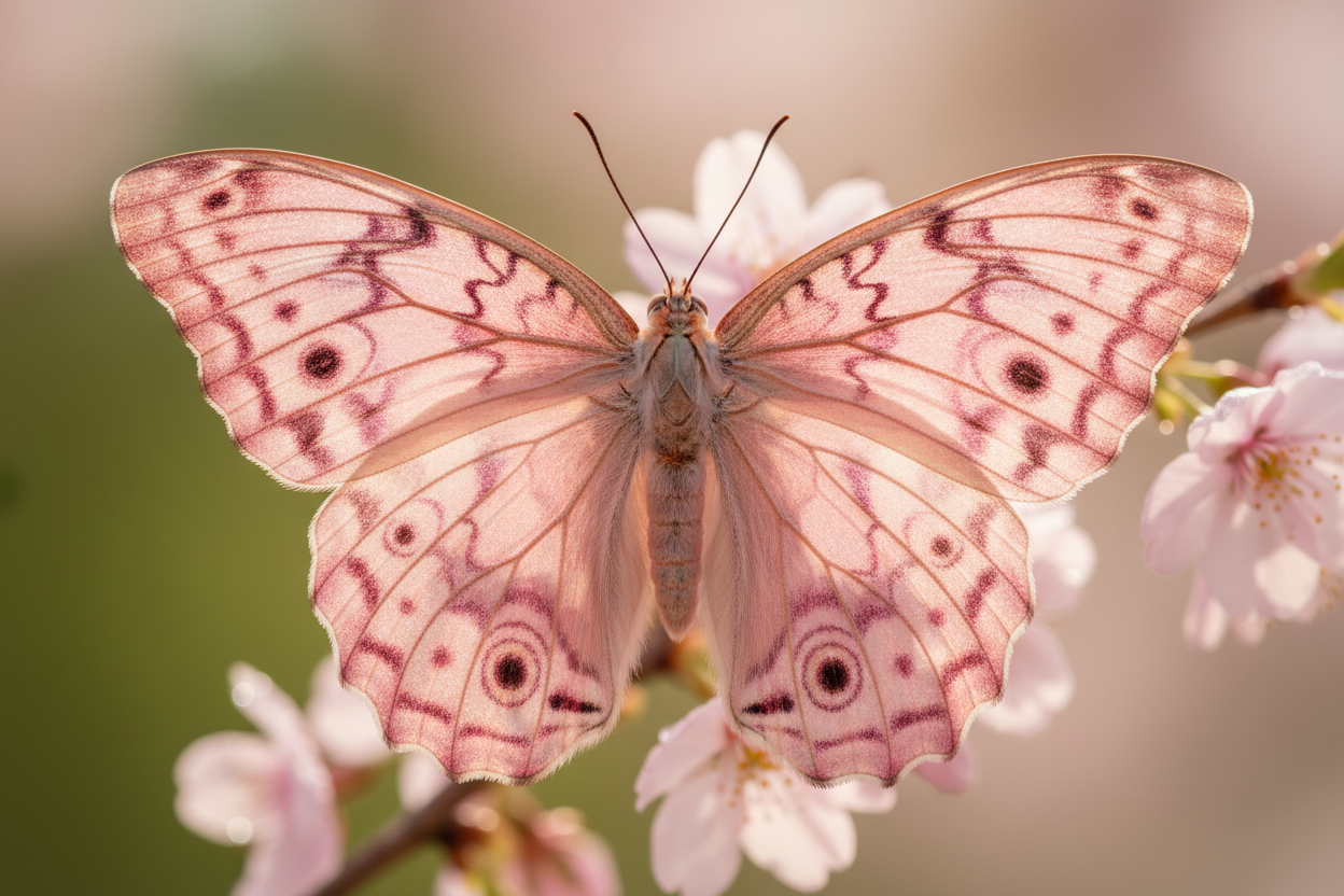 Butterfly with pink and brown wings on a branch with flowers