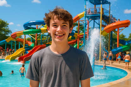 teenage at waterpark wearing grey tshirt