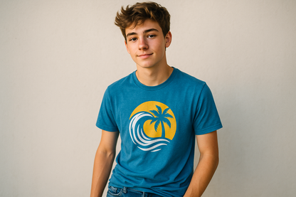 teenager in blue graphic tee