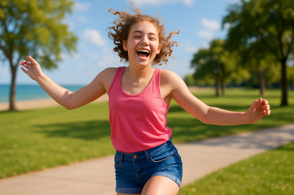 teenager wearing pink singlet having fun 
