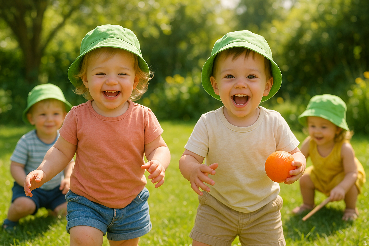 toddlers with green bucket hats