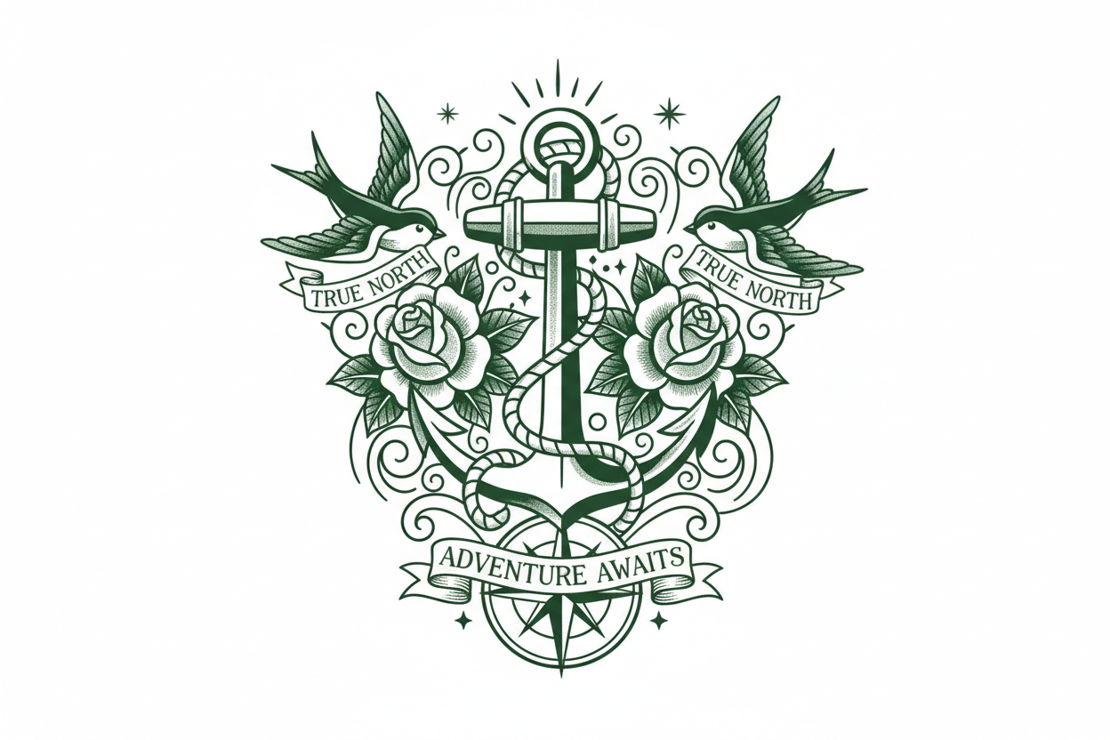 Decorative design with anchor, roses, and swallows on a white background