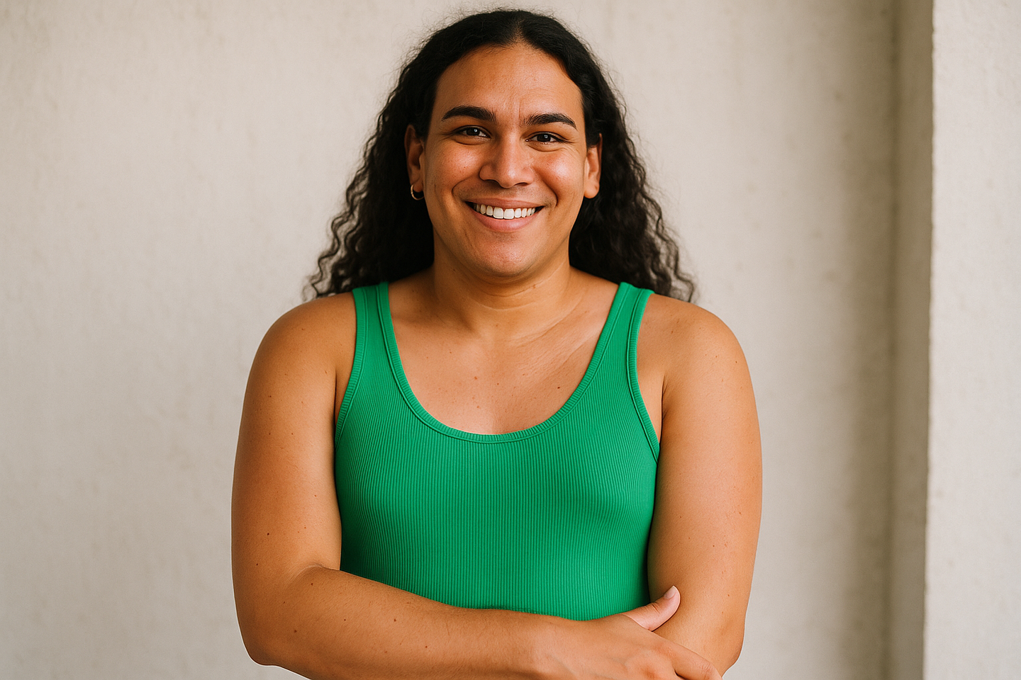 transanger wearing green singlet